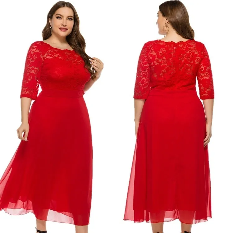 Women's Round Neck Sleeves Lace Chiffon Stitching High Quality Beautiful Elegant Dress