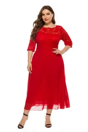 Women's Round Neck Sleeves Lace Chiffon Stitching High Quality Beautiful Elegant Dress