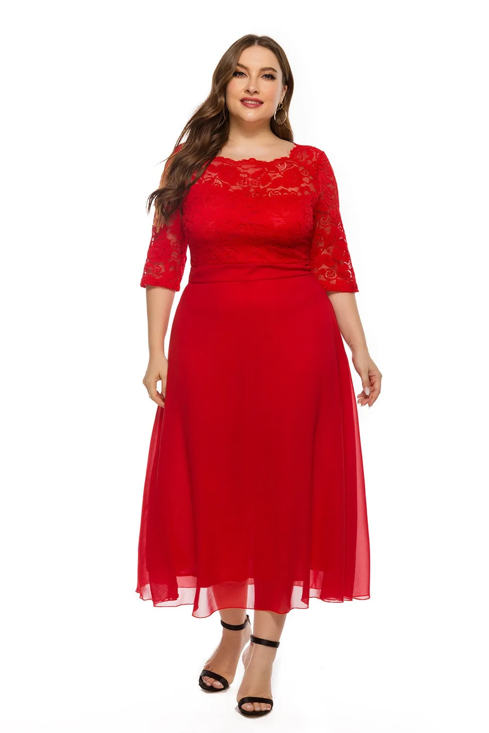 Women's Round Neck Sleeves Lace Chiffon Stitching High Quality Beautiful Elegant Dress