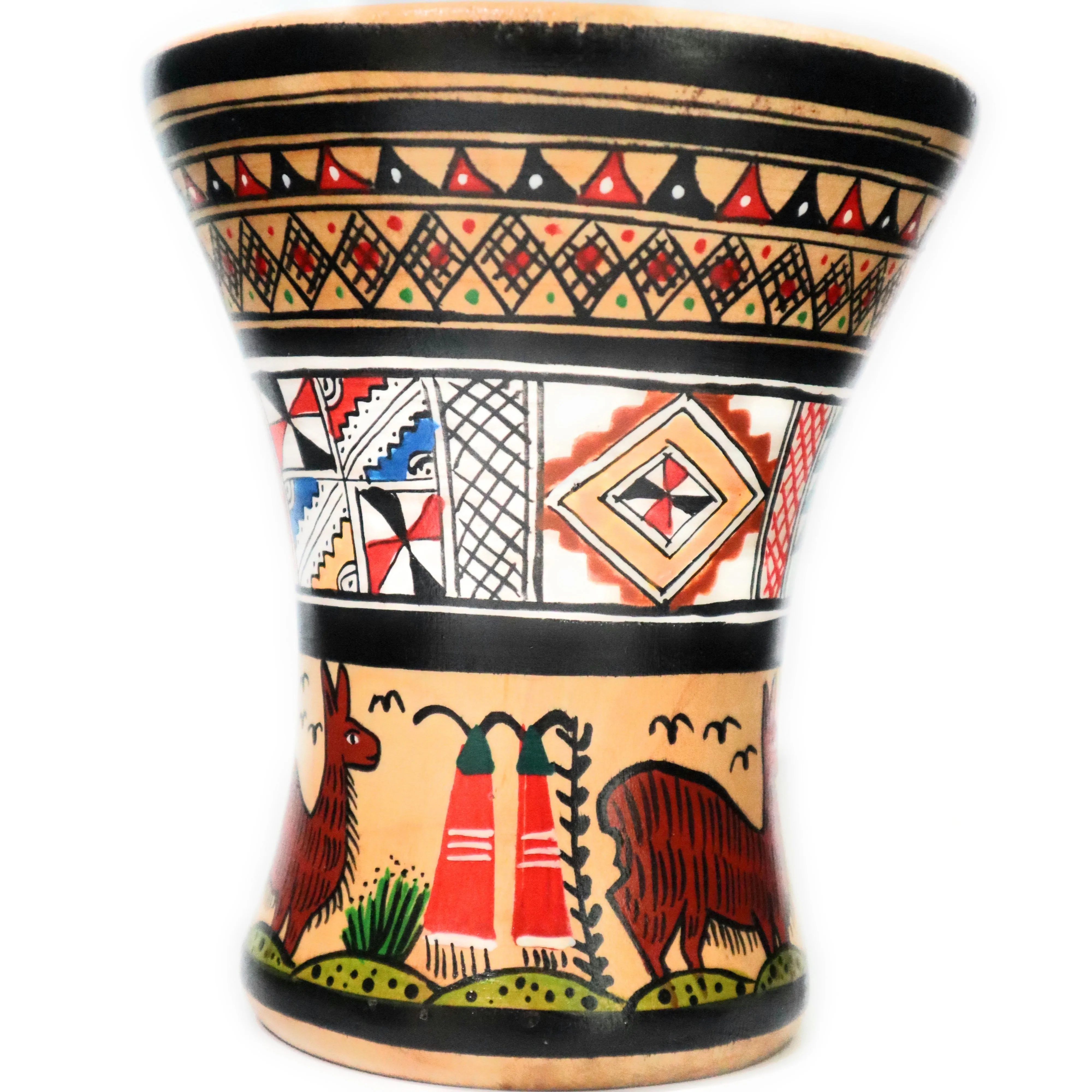 Wood Kero Rustic Vase Inca Culture Hand-Painted 5.25" Tall