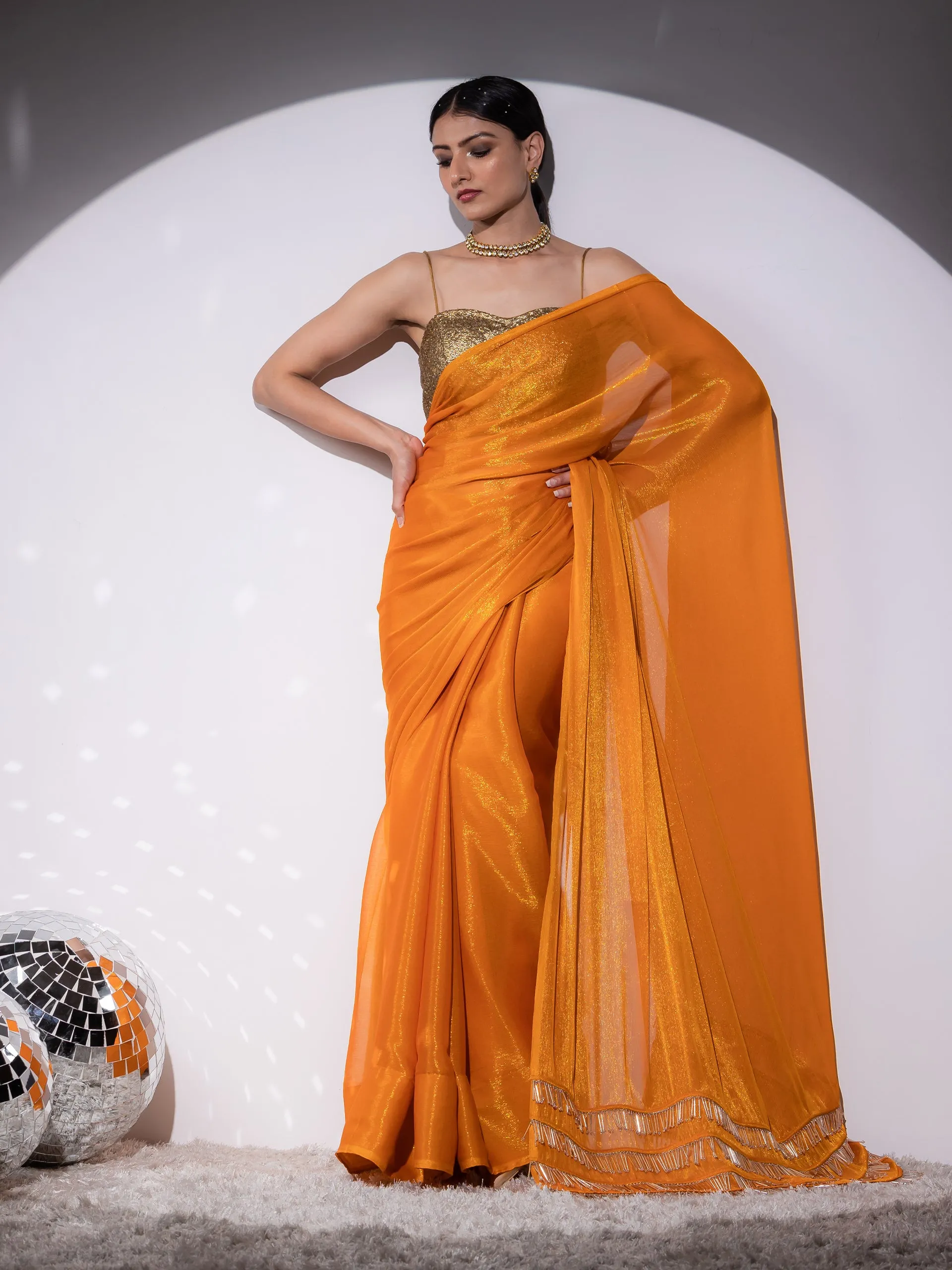 Yellow Shimmer & Shine Chiffon Saree with Lace